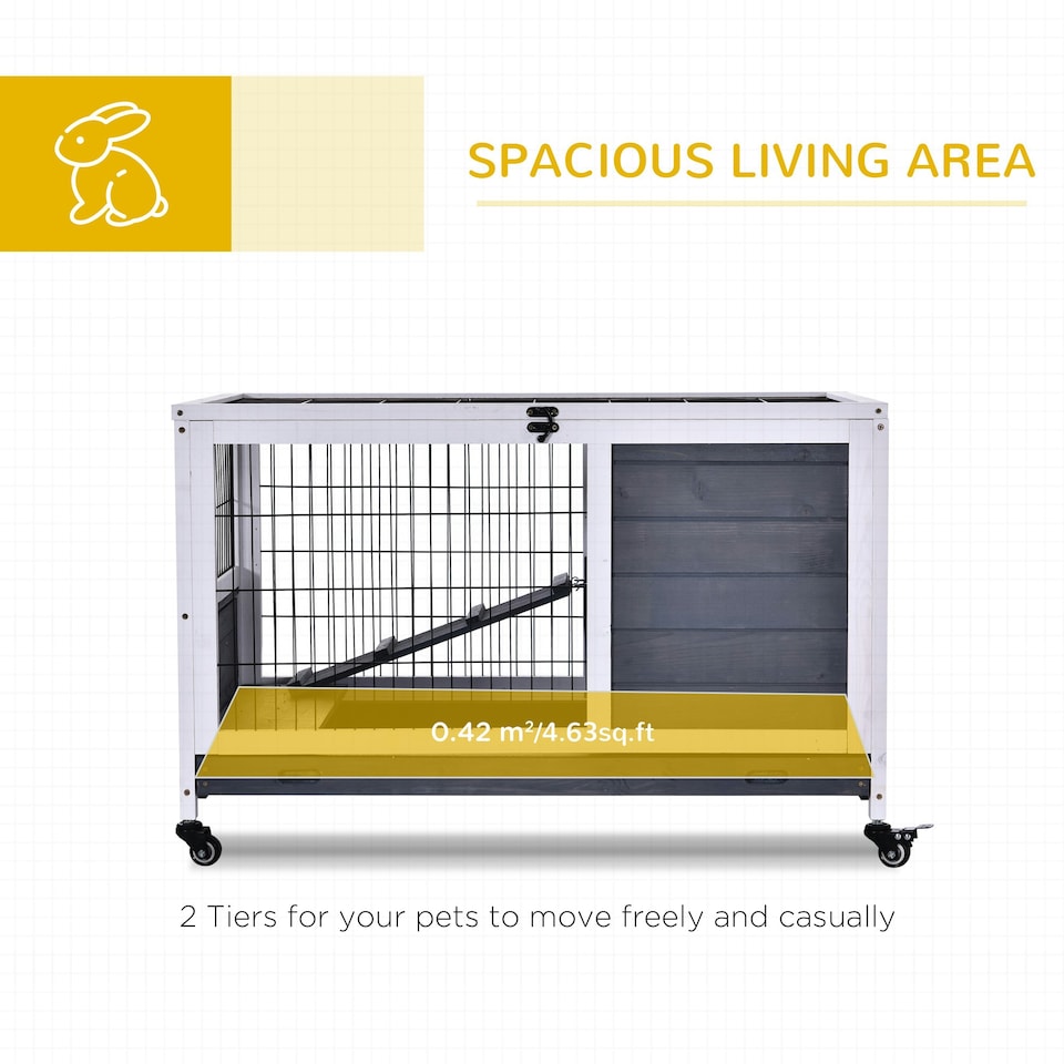 image 1 of PawHut Rabbit Cages, Guinea Pig Hutch w/ Roof & Wheels, No-Leak Tray, White