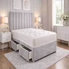 Divan 3ft single silver plush bed set with panel headboard and mattress storage No Drawers