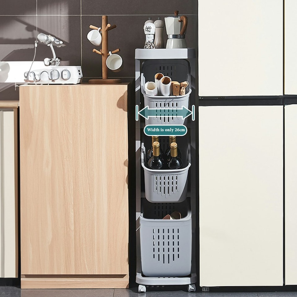 image 1 of Living and Home 4-Tier Storage Rack Laundry Basket with Wheels, Grey, 26cm W x 40cm D x 108.5cm H Grey