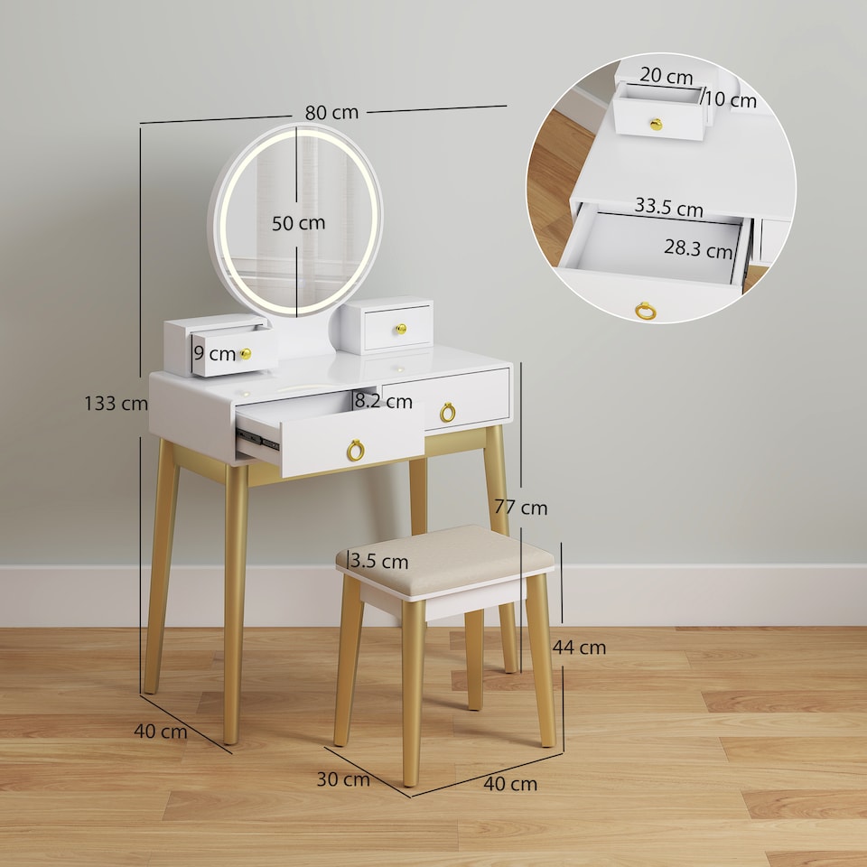 image 1 of HOMCOM Dressing Table Set with Mirror, Built-in 3 Color LED Light, Vanity Makeup Table with 4 Drawers and Cushioned Stool for Bedroom, White