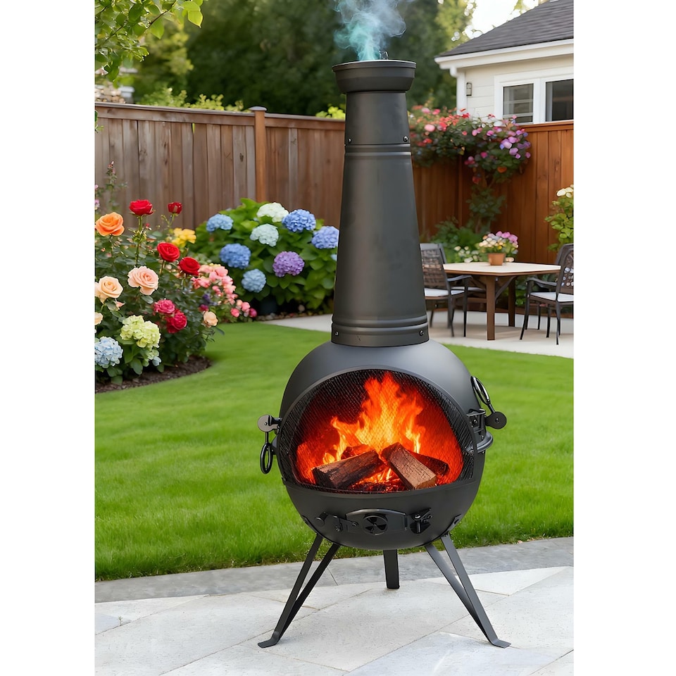 image 1 of Gr8 Garden Large 130cm Tall Garden Patio Chiminea Wood Log Burner Fire Pit BBQ Grill Heater