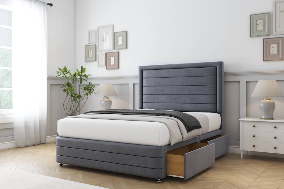 image 1 of Sloomy Ashford Steel Plush Divan Bed Base No Drawers With 26 Inch Strutted Headboard & 12 Inch Matching Footboard | Grey | Steel | Small Single | 1
