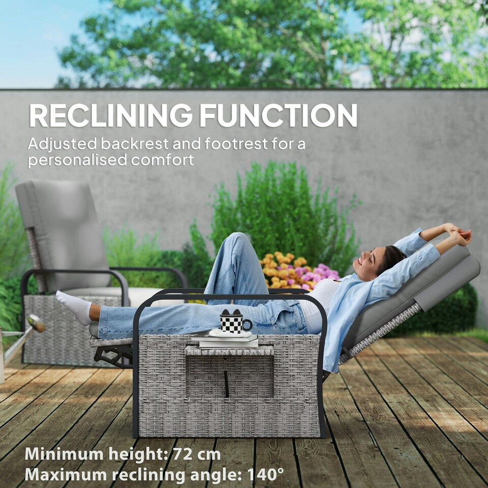 image 1 of Outsunny Rattan Garden Recliner Chair Sun Lounger w/ Side Tray Grey