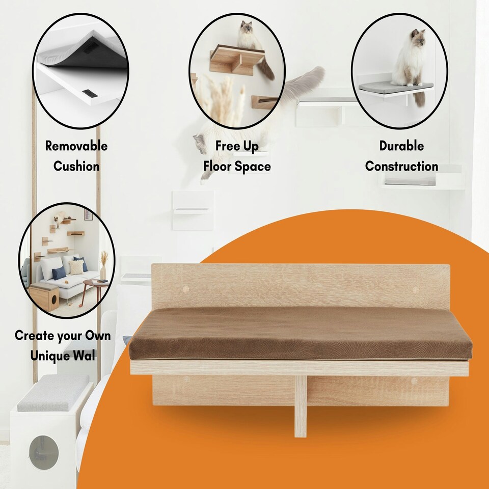image 1 of NOVECRAFTO Wall-Mounted Cat Perch Bed with Cushion – 50cm Wide Space-Saving Shelf – Sturdy Wall Bed Holds up to 30kg – Cozy Lounging Spot for Cats