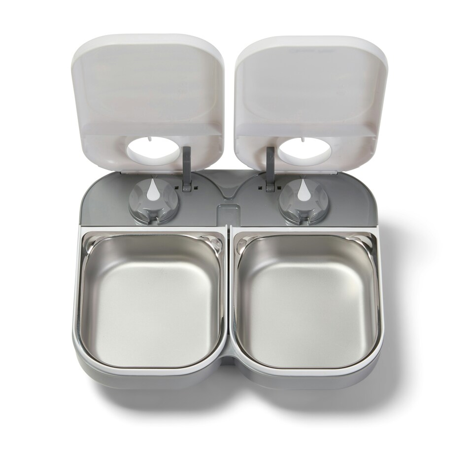 image 1 of Closer Pets Two-Meal Automatic Dry/Wet Food Pet Feeder with Stainless Steel Bowl Inserts (C200) White