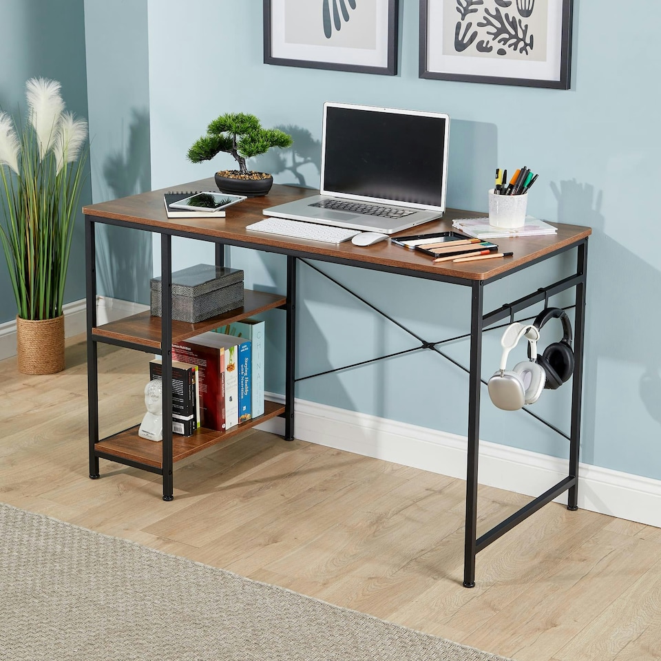 image 1 of Computer Desk Adjustable Shelves Storage Hook Office Table Workstation Brown | Light Oak