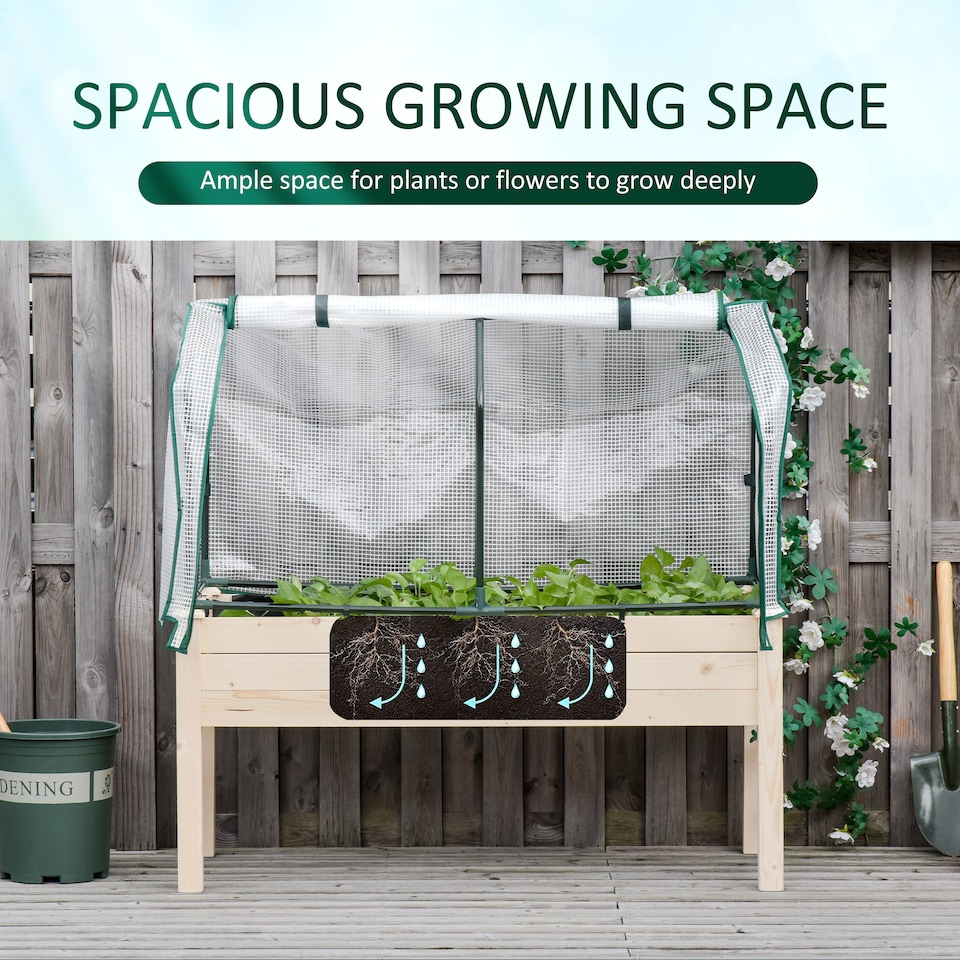 image 1 of Outsunny Raised Garden Bed w/ PE Cover Patio Elevated Wood Planter Box Natural