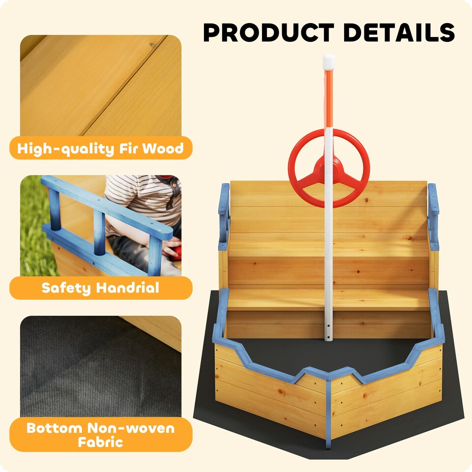 image 1 of Outsunny Kids Wooden Sandbox Pirate Ship Sandboat w/ Bench Seat Storage Space