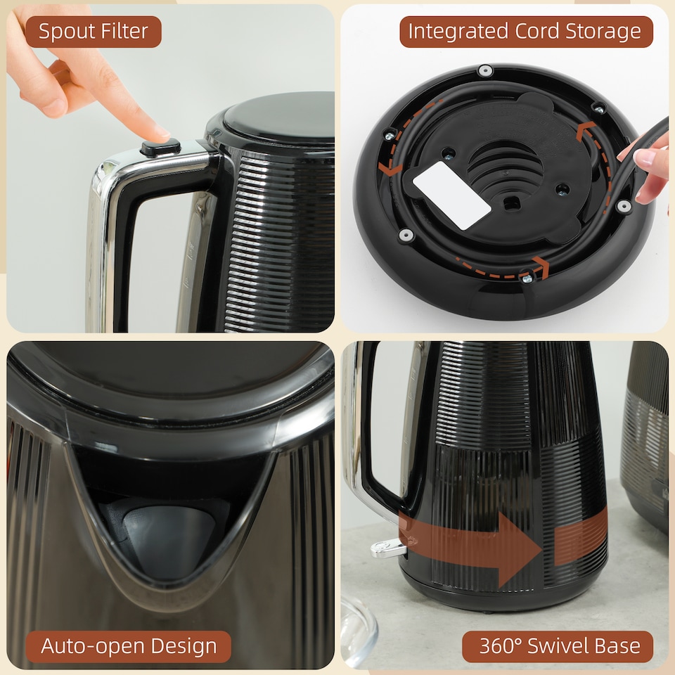 image 1 of HOMCOM Kettle and Toaster Set, 1.7L 3000W Fast Boil Kettle & 2 Slice Toaster Kitchen Set with 7 Level Browning Controls, Defrost, Reheat, Boil-dry Protection, Black