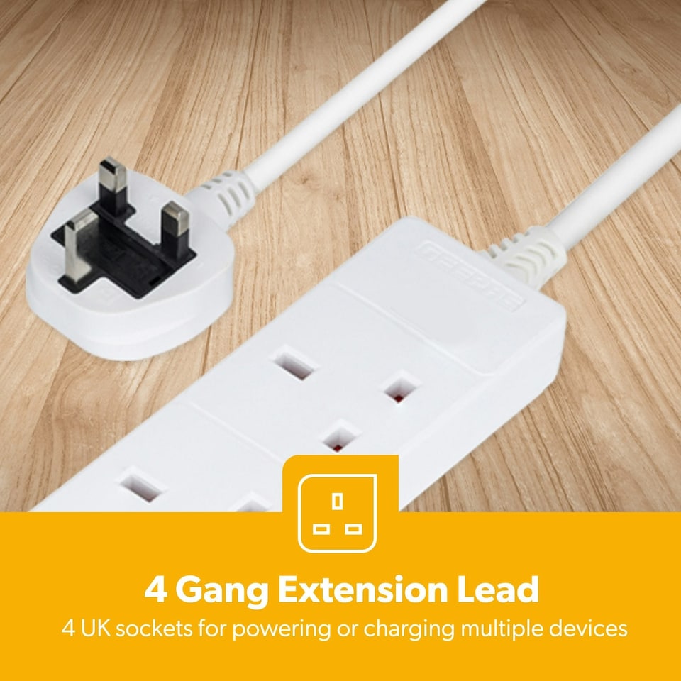 image 1 of GEEPAS 4 Gang Extension Lead With Neon Light, 2m Cable