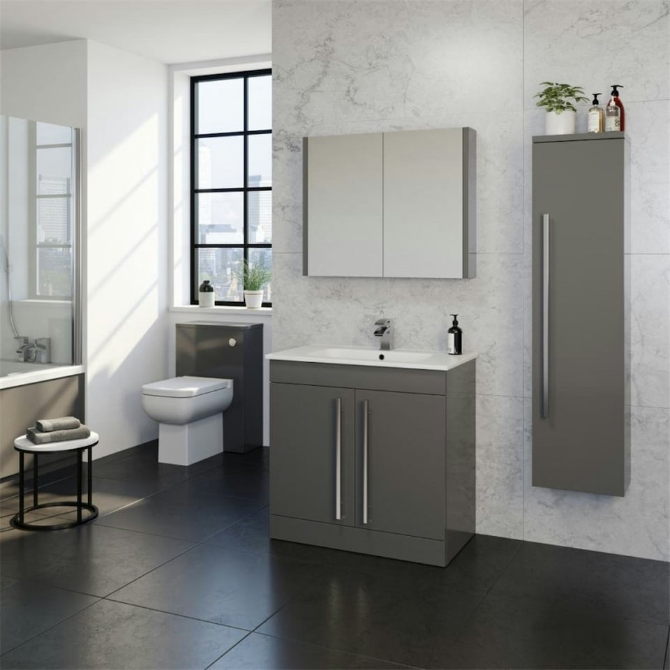 image 1 of Bathroom 2-Drawer Floor Standing Vanity Unit with Mid Depth Ceramic Basin 600mm Wide - Storm Grey Gloss - Brassware Not Included Grey