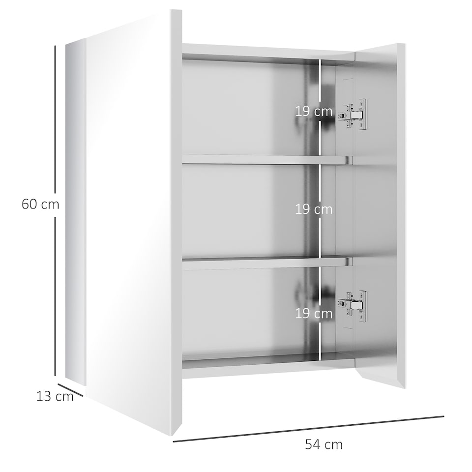 image 1 of kleankin Bathroom Mirror Cabinet, Stainless Steel Wall-Mounted Bathroom Storage Cabinet with 2 Hinged Doors and Shelves for Laundry Room, 54W x 60Hcm, Silver