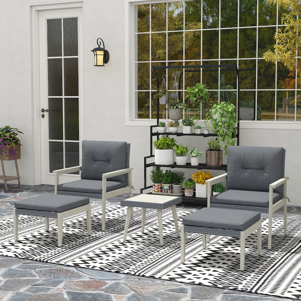 image 1 of Outsunny 5-Pieces Rattan Patio set with Acacia Wood Top Coffee Table | Grey | Grey | 1