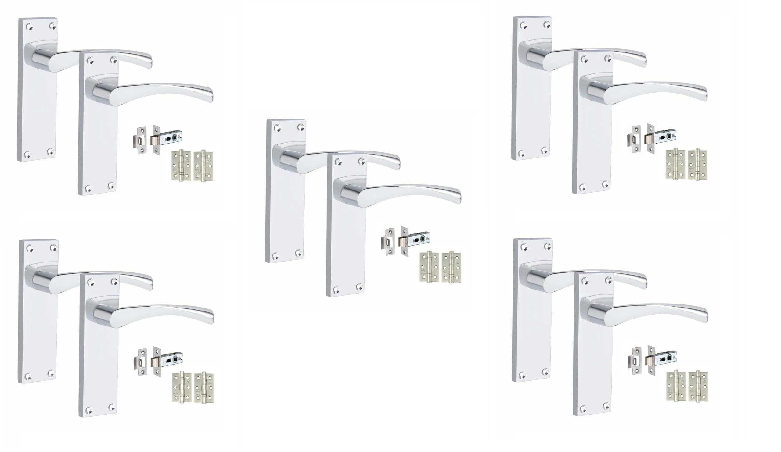 Golden Grace 5 Sets Victorian Scroll Astrid Door Handles Latch in Silver Polished Chrome with 1 Pair of 3" Ball Bearing Hinges & Latches Pack - 150mm
