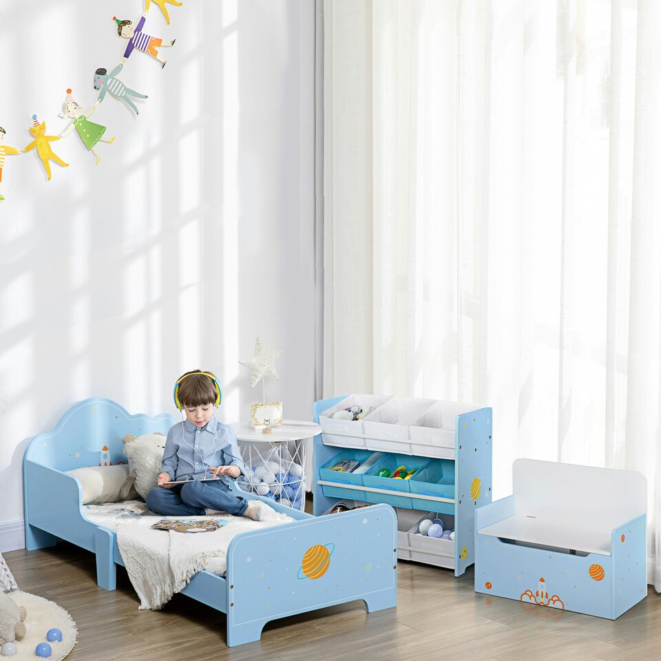 image 1 of ZONEKIZ 2 In 1 Wooden Kids Storage Bench, Toy Box w/ Safety Rod - Blue