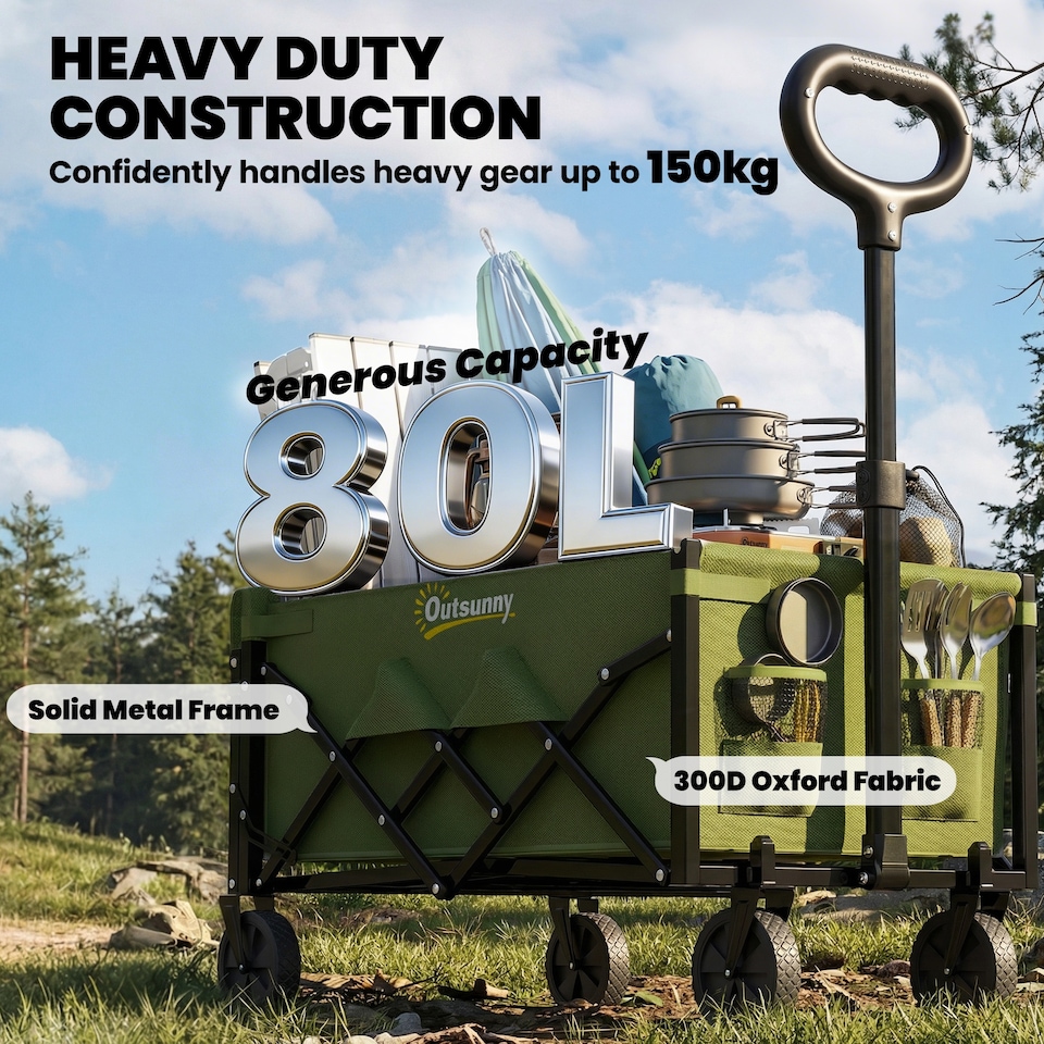 image 1 of Outsunny 60L Festival Trolley on Wheels, Collapsible Wagon Cart | Green | Army Green | 71 x 45 x 86 cm