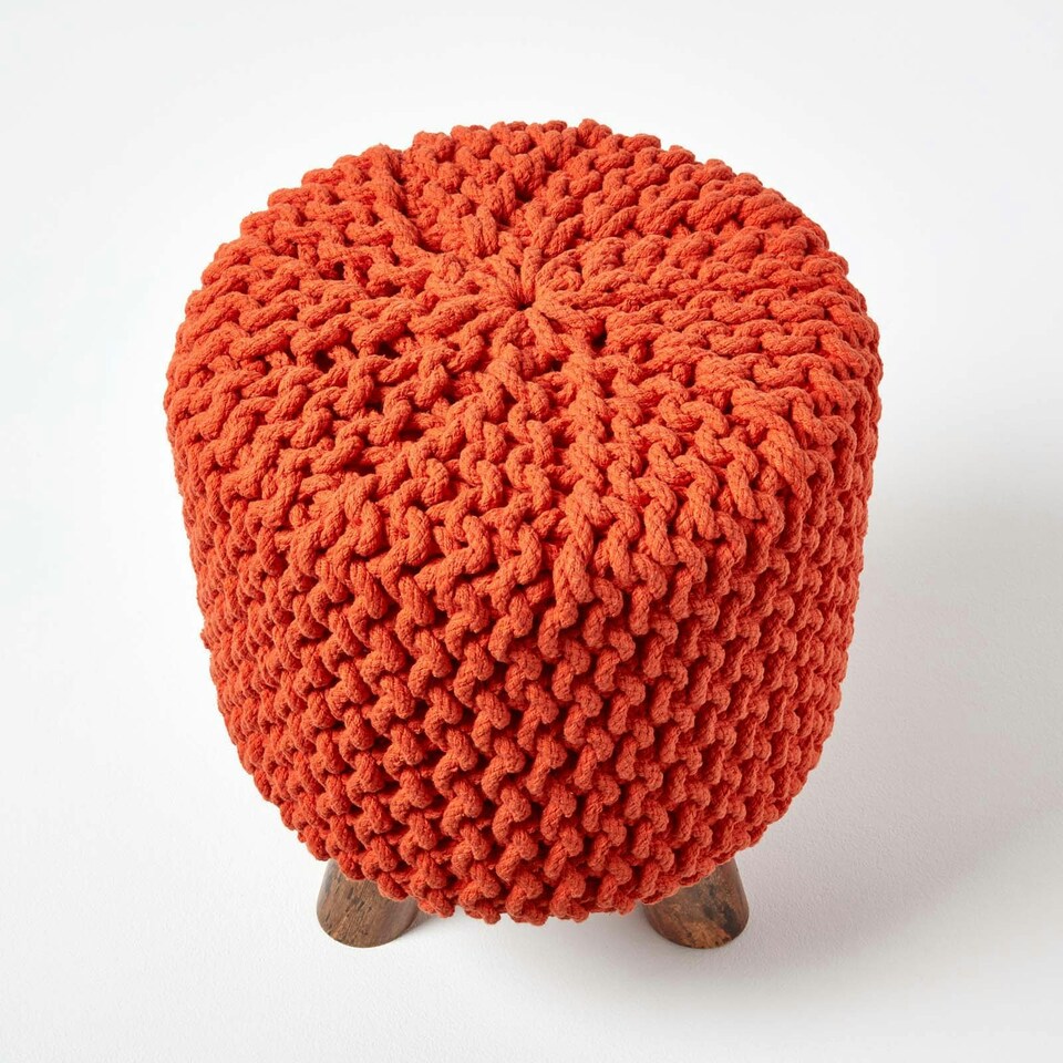 image 1 of Homescapes Burnt Orange Tall Cotton Knitted Footstool on Legs