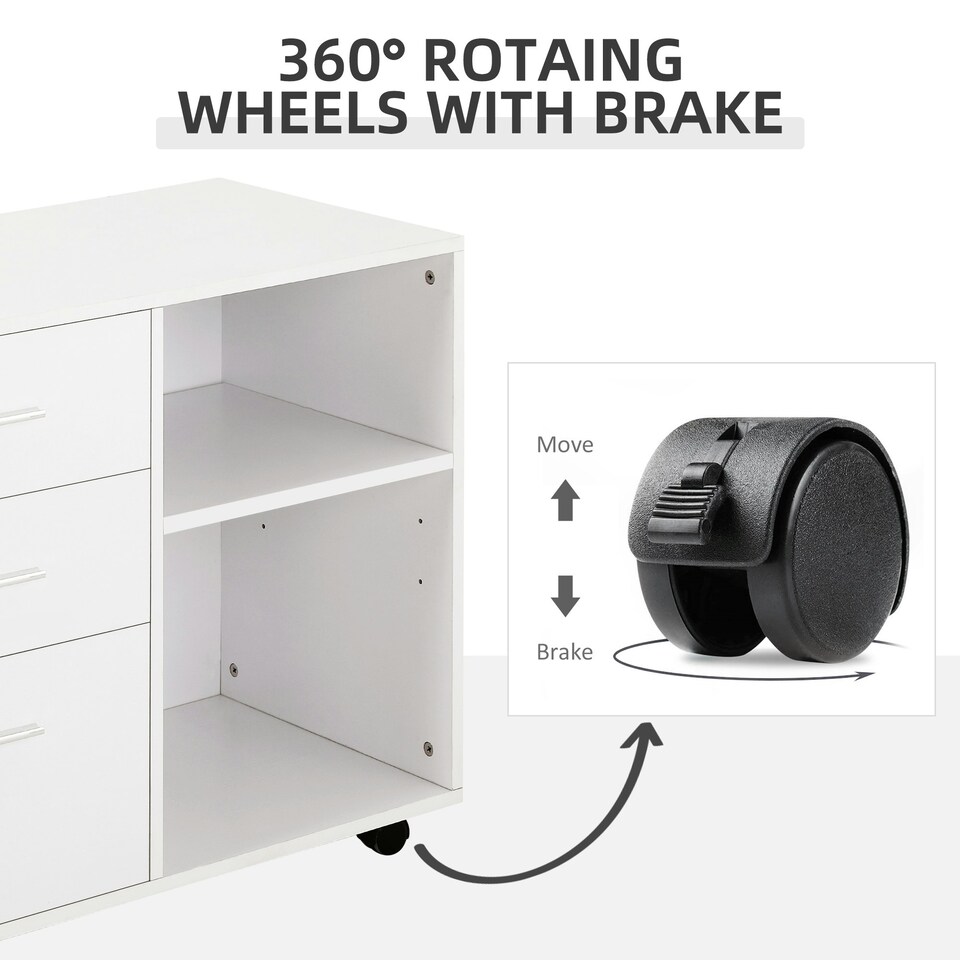image 1 of HOMCOM Freestanding Storage Cabinet w/ 3 Drawers 2 Shelves 4 Wheels Office White