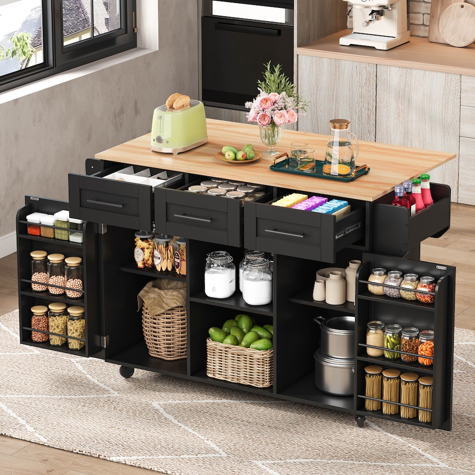 image 1 of VILUXE Mobile Kitchen Island with Foldable Marble-Effect Worktop, 3 Drawers, Adjustable Storage, Towel Holder, Wheels and Solid Wood Feet, Black and Natural Wood