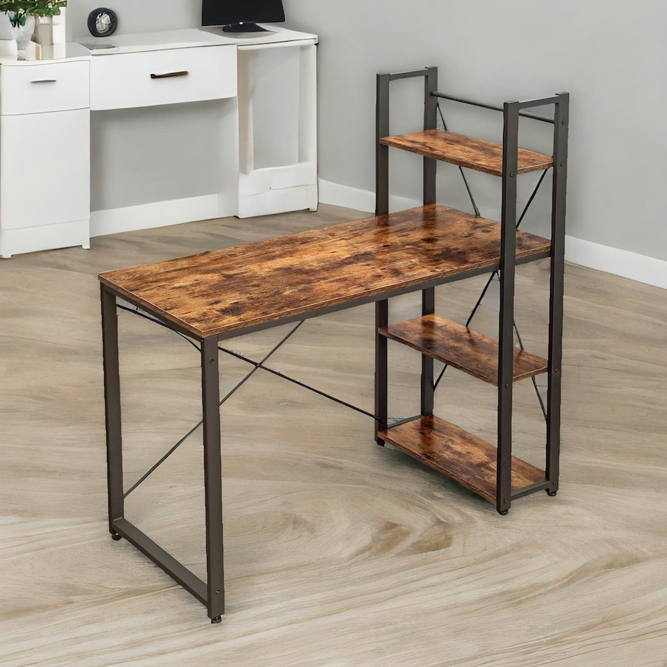 image 1 of 97CM Wide Computer Desk With 3 Shelves Rustic Brown Brown