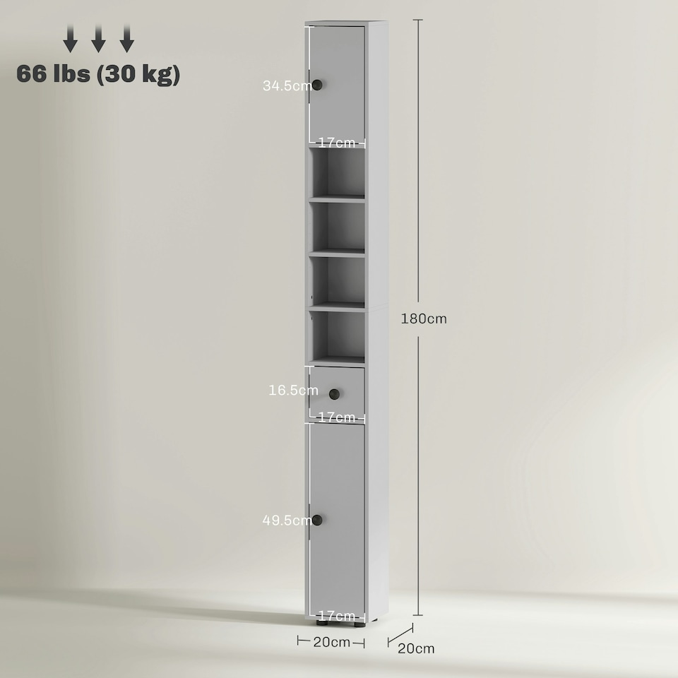 image 1 of kleankin Slim Bathroom Cabinet w/ Open Shelves and 2 Door Cupboards, Grey Grey