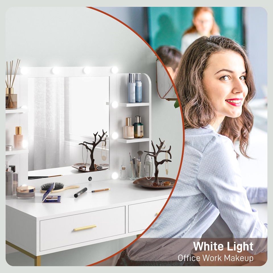 image 1 of HOMCOM Dressing Table with Lighted Mirror, Cushioned Stool, Drawers, Shelves, LED Makeup Vanity Desk Set, Modern Dresser Vanity Table for Bedroom, White