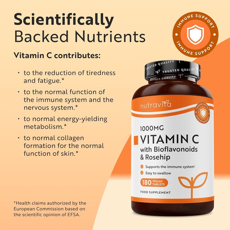 image 1 of Nutravita Vitamin C 1000mg - High Strength Ascorbic Acid with Added Bioflavonoids & Rosehip - Normal Immune System - 180 Tablets - 6 Month Supply