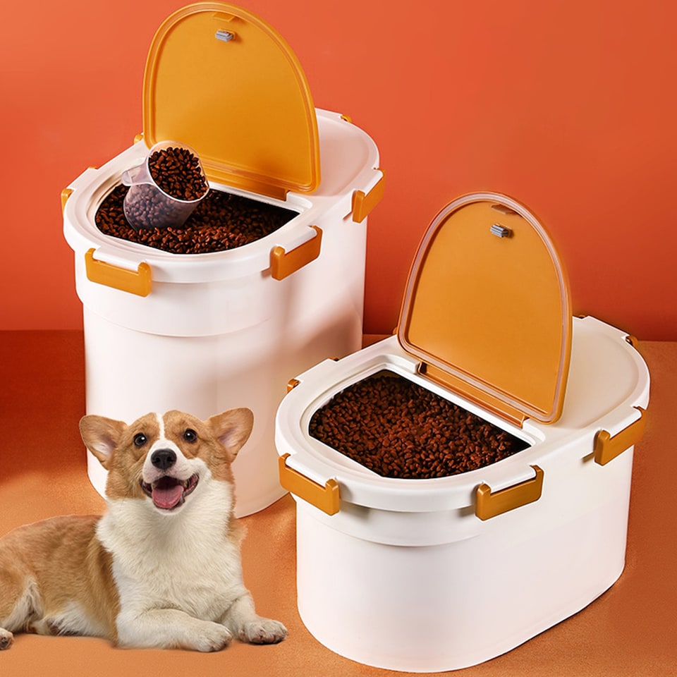 image 1 of Living and Home Airtight Pet Food Storage Container with Flip-Up Lid & Wheels | White | Orange | L