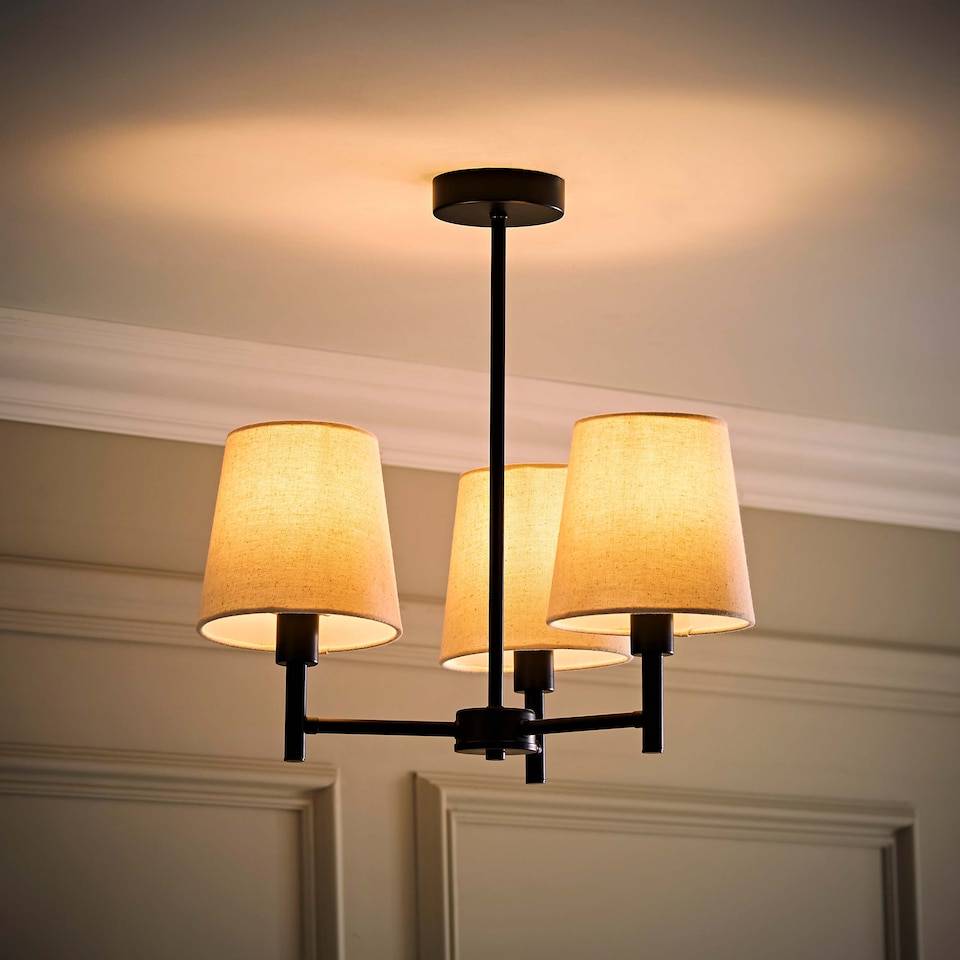 image 1 of ValueLights Kincaid 3 Arm Black Chandelier Ceiling Light Taper Shades and Bulbs