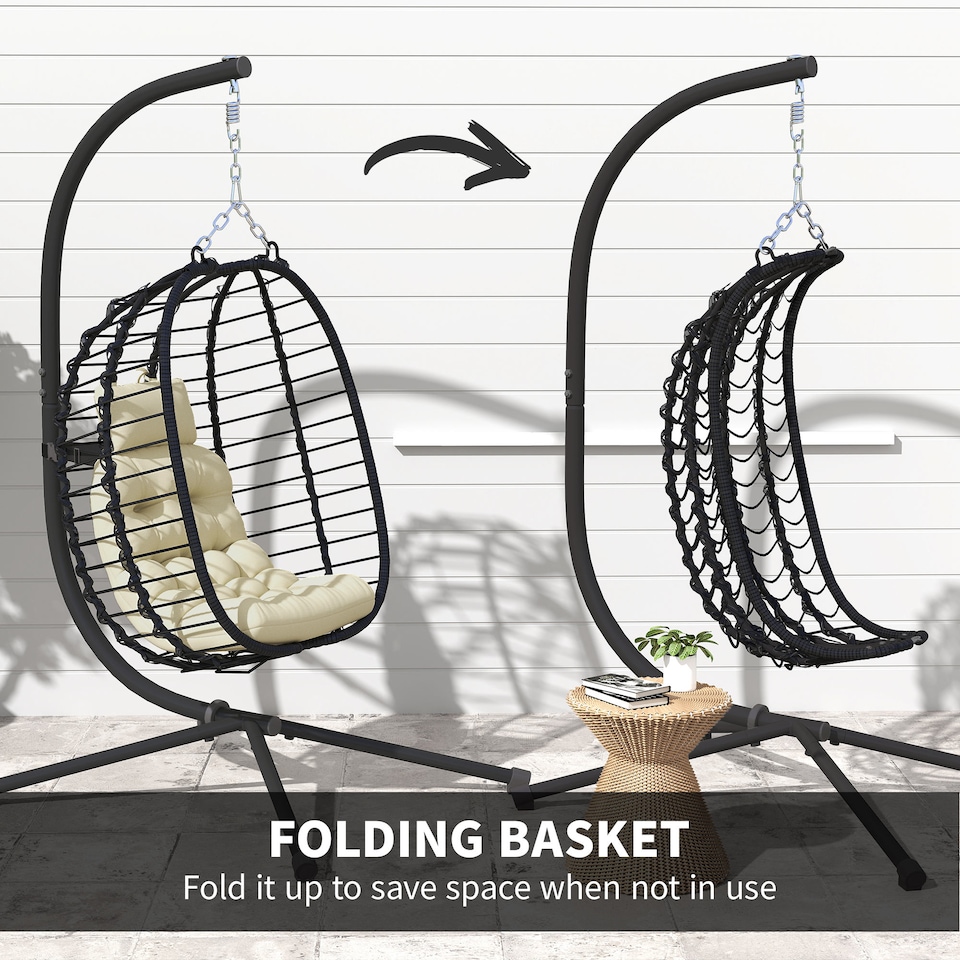 image 1 of Outsunny Rattan Hanging Egg Chair, Foldable Wicker Hammock Swing Chair with Cushion, Stand, Adjustable Height, Head Pillow, Steel Frame for Garden Patio Indoor Outdoor, Cream White | Cream | Cream
