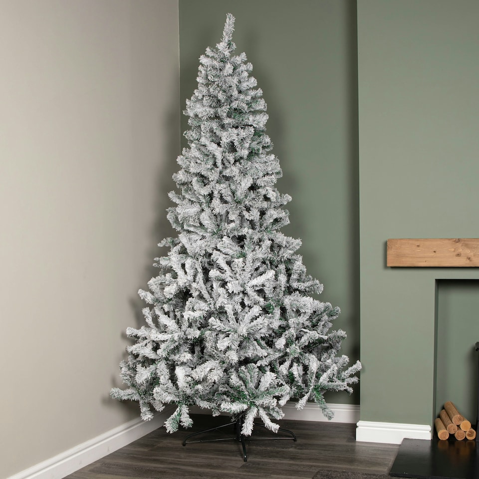 image 1 of 8ft (2.4m) Snow Flocked Artificial Christmas Tree with Green Metal Stand and 1017 Tips