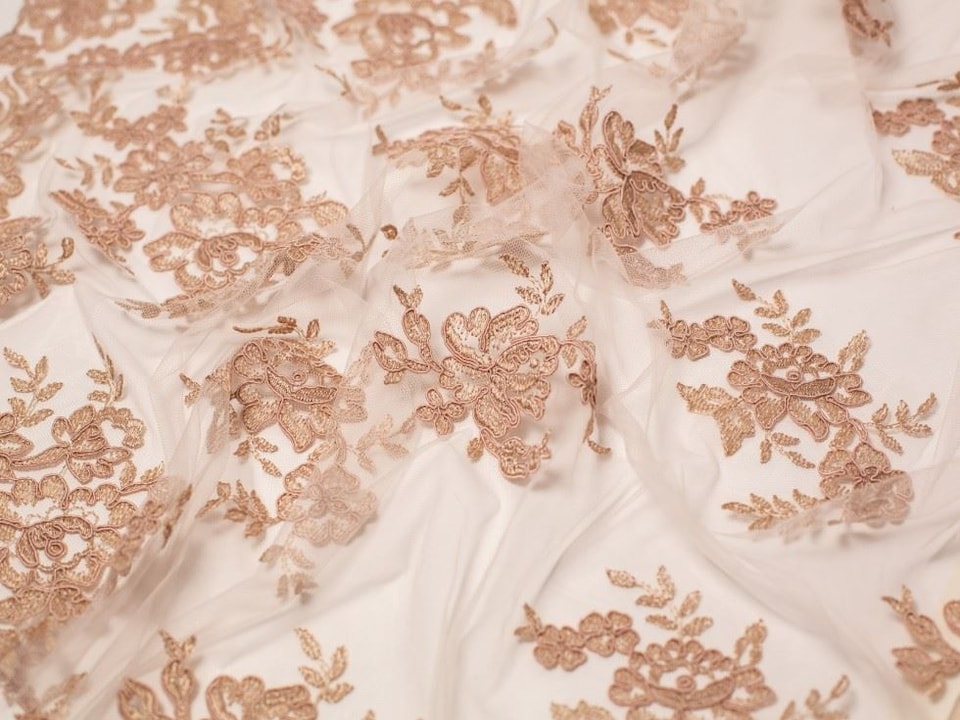 Minerva Core Range Beige Naomi Embroidered Lace Fabric for Bridal, Dressmaking, 130cm / 51" Wide - per metre