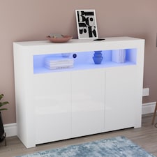 Vida Designs Nova 3 Door LED Sideboard Buffet Cabinet Storage, White | White | 1