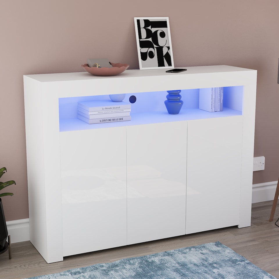 image 1 of Vida Designs Nova 3 Door LED Sideboard Buffet Cabinet Storage, White | White | 1