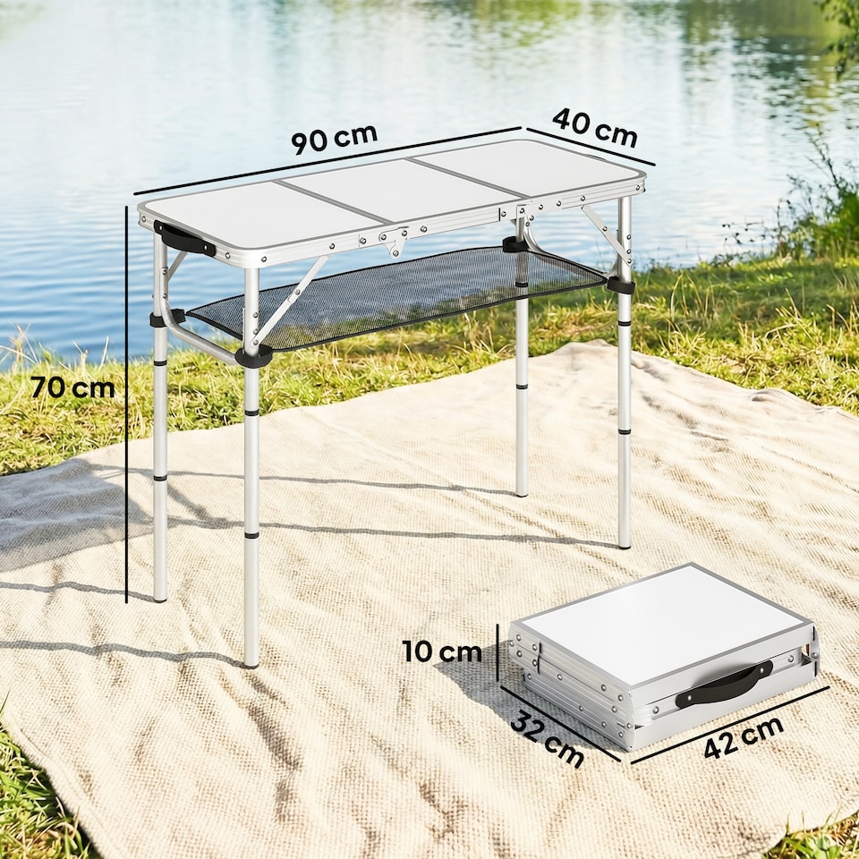 image 1 of Outsunny 3ft Folding Camping Table, Picnic Table with Storage Layer | Cream | 90 x 40 x 70 cm