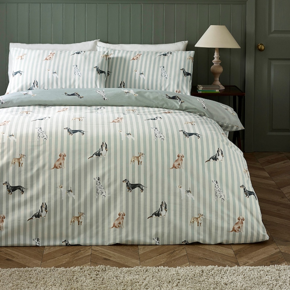 image 1 of Catherine Lansfield Dog Stripe Reversible Duvet Cover Set