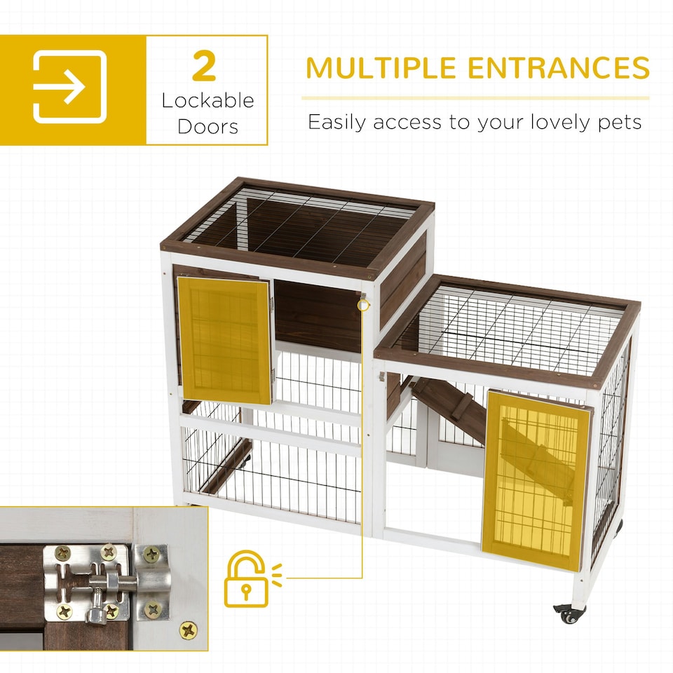 image 1 of PawHut Rabbit Hutch, Guinea Pig House Cage w/ Wheels & Enclosed Run, Brown