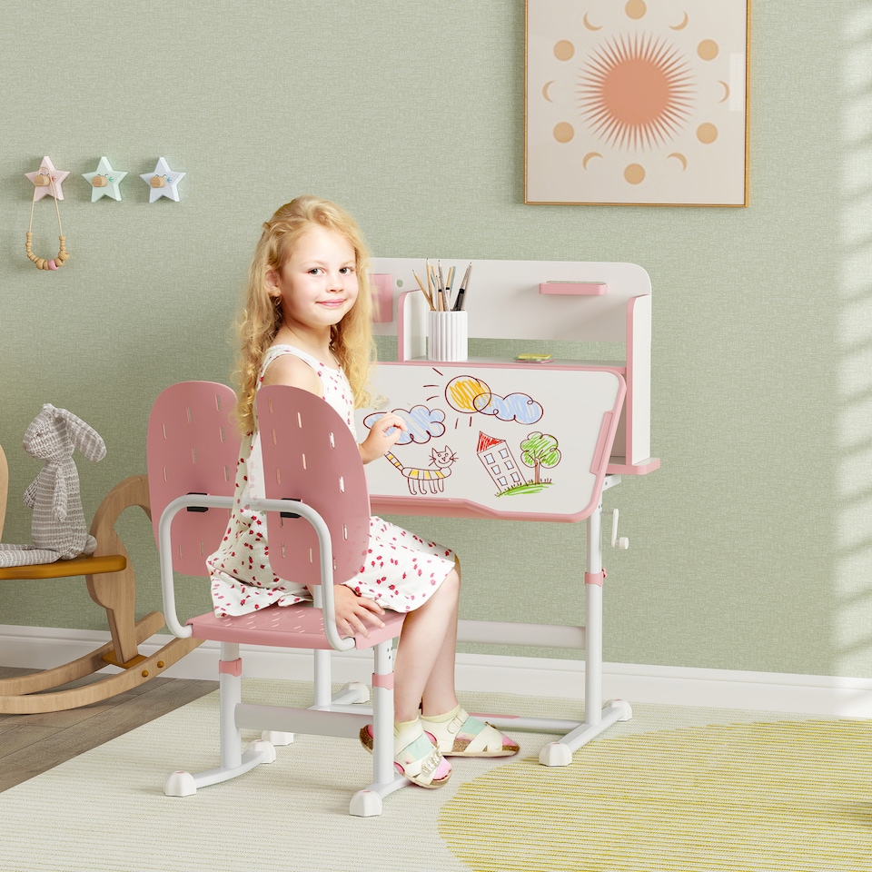 image 1 of AIYAPLAY Kids Desk and Chair Set w/ Tiltable Desktop, Reading Rack, Pink