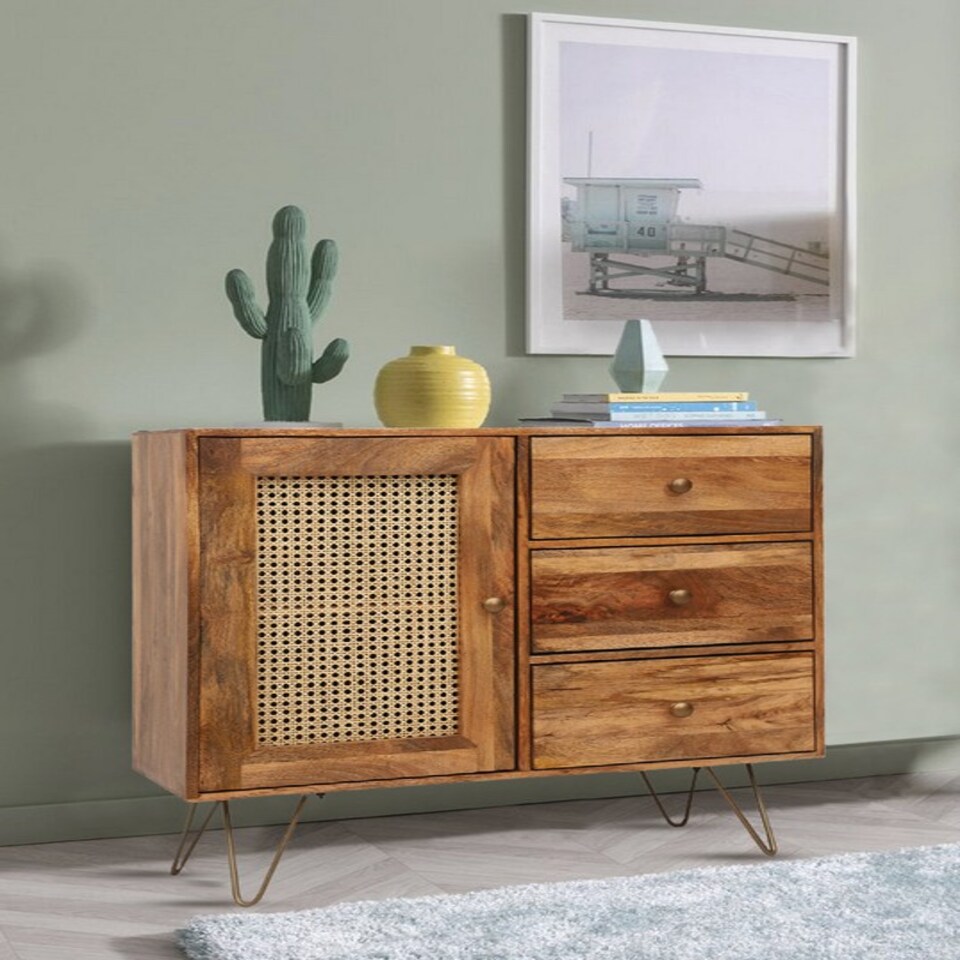 image 1 of Nyack Small 3 Drawer Sideboard - Mango Wood/Iron - L40 x W90 x H87 cm - Light Brown with Natural Rattan - Assembly Required | Brown