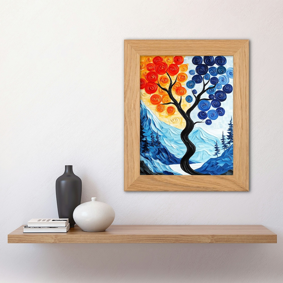 image 1 of Autumn To Winter Tree Folk Mountain Landscape Art Oak Wood Framed Wall Print