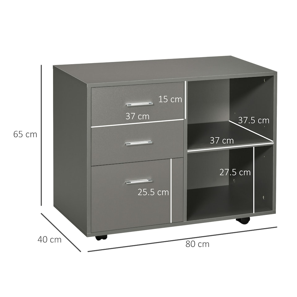 image 1 of HOMCOM Freestanding Storage Cabinet w/ 3 Drawers 2 Shelves 4 Wheels Office Grey