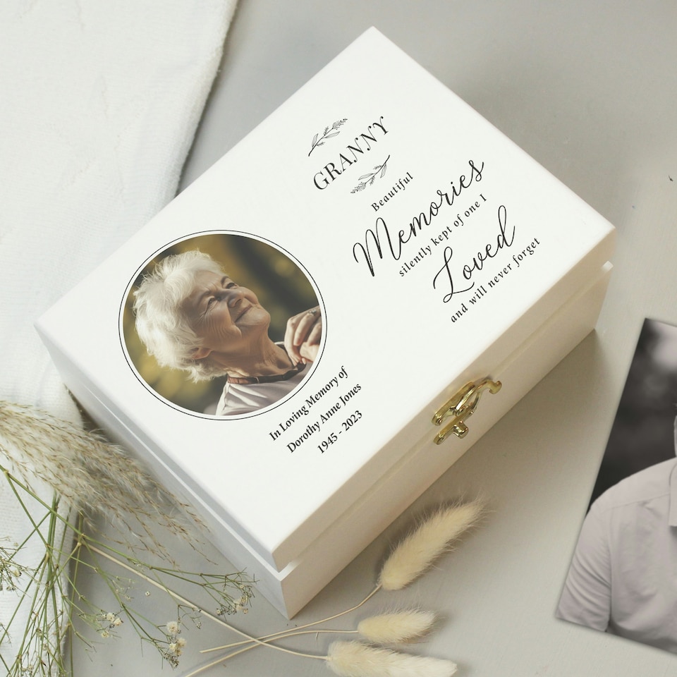 image 1 of Personalised Memorial Photo Upload White Wooden Box White