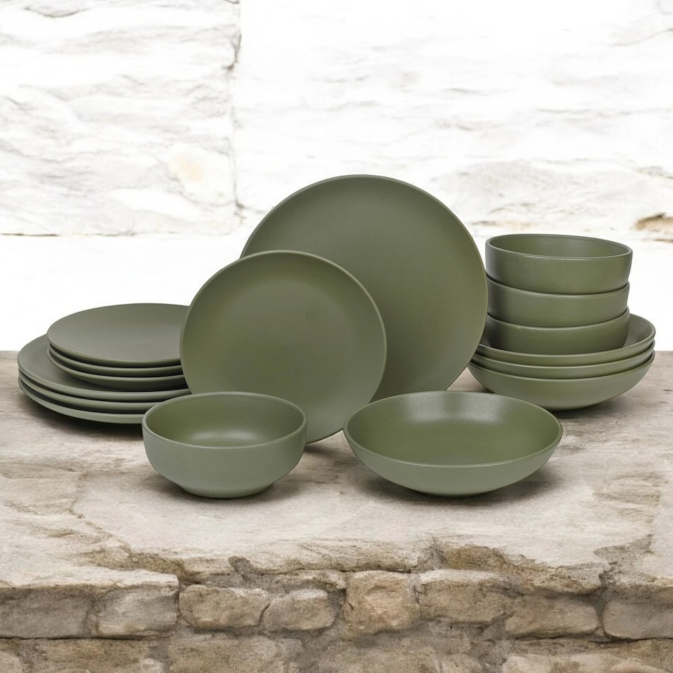 image 1 of Coloured Stone Ceramic Dinnerware Crockery Plates Bowls Dining Set | Green | 32 Pcs Green | 32