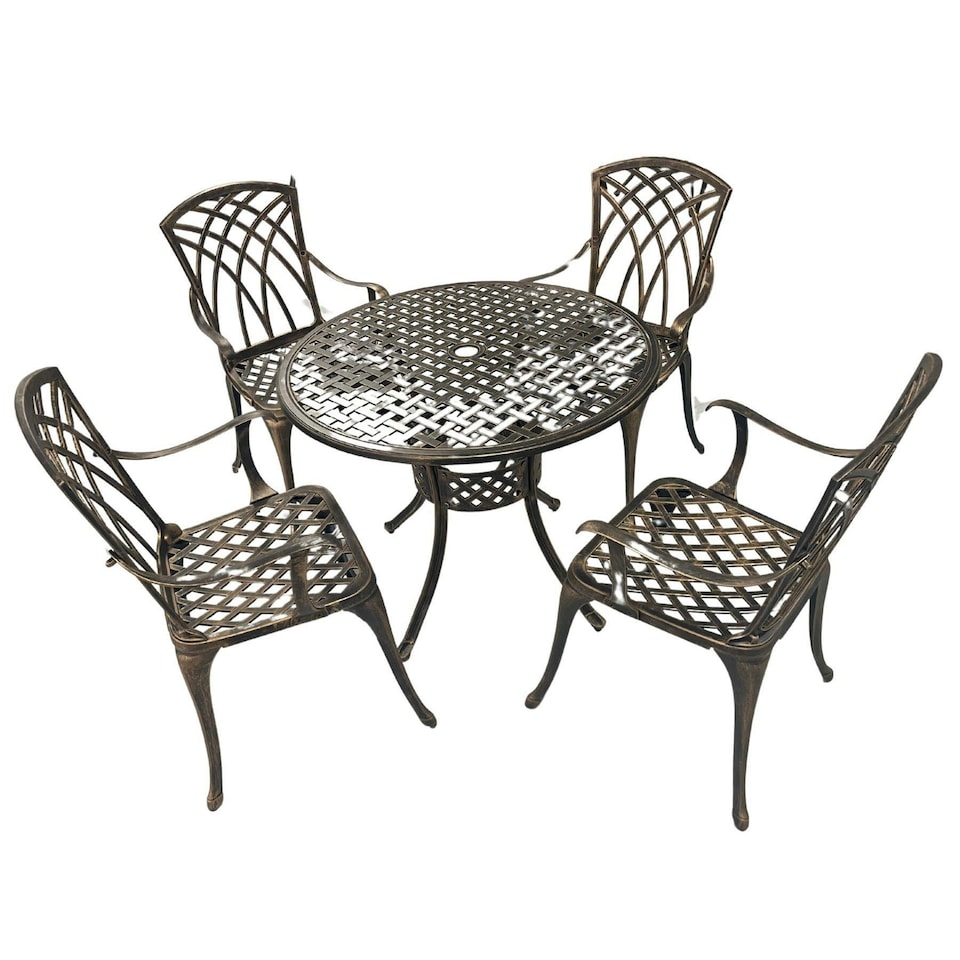 image 1 of Brown Bistro Set Outdoor Garden Patio Lattice Table and 4 Chairs Aluminium Frame