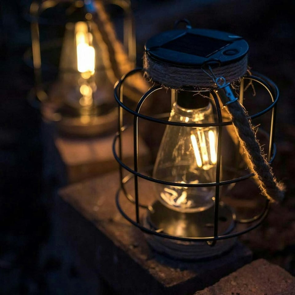 image 1 of ValueLights 2 pack of Solar powered Lantern cage with Hemp Rope Handle