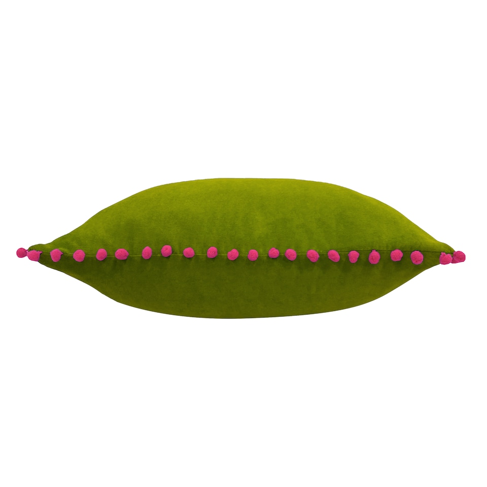 image 1 of Paoletti Velvet Pom Pom Cushion, Green/Fuchsia, 45 x 45cm