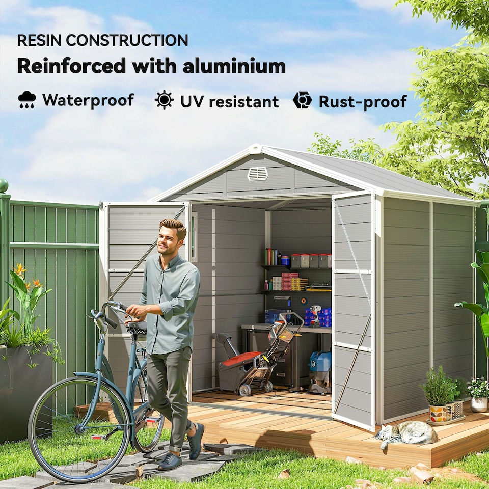 image 1 of Outsunny 8 x 6ft Garden Shed Storage w/ Foundation Kit, Vents, Light Grey 