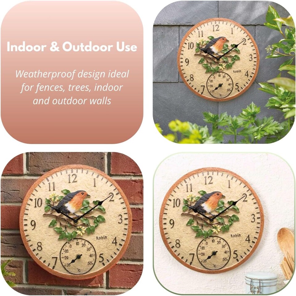 image 1 of Marco Paul 30cm Robin Garden Clocks with Thermometer N/A