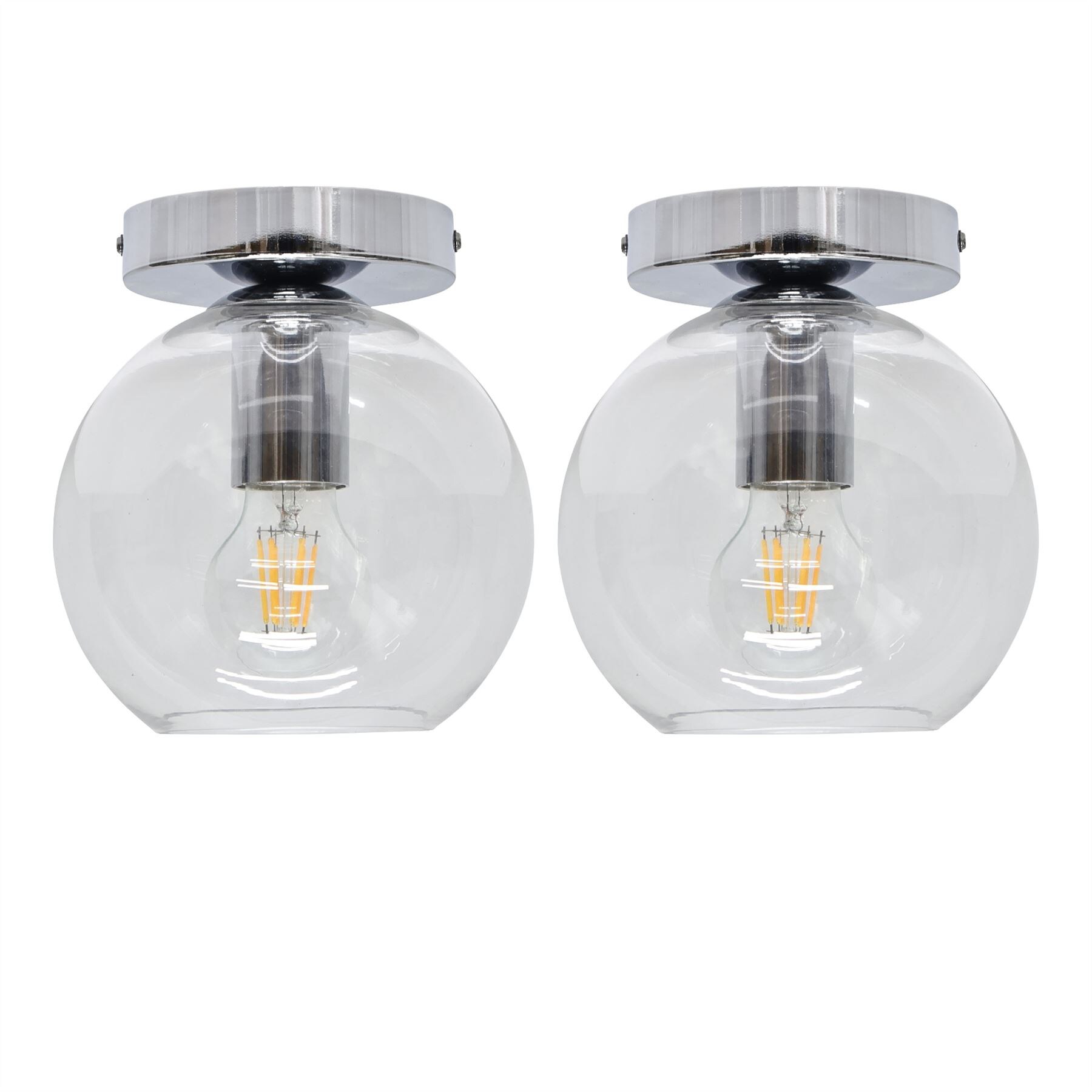 First Choice Lighting Set of 2 Barnum - Clear Glass Globe Chrome Ceiling Light Fittings