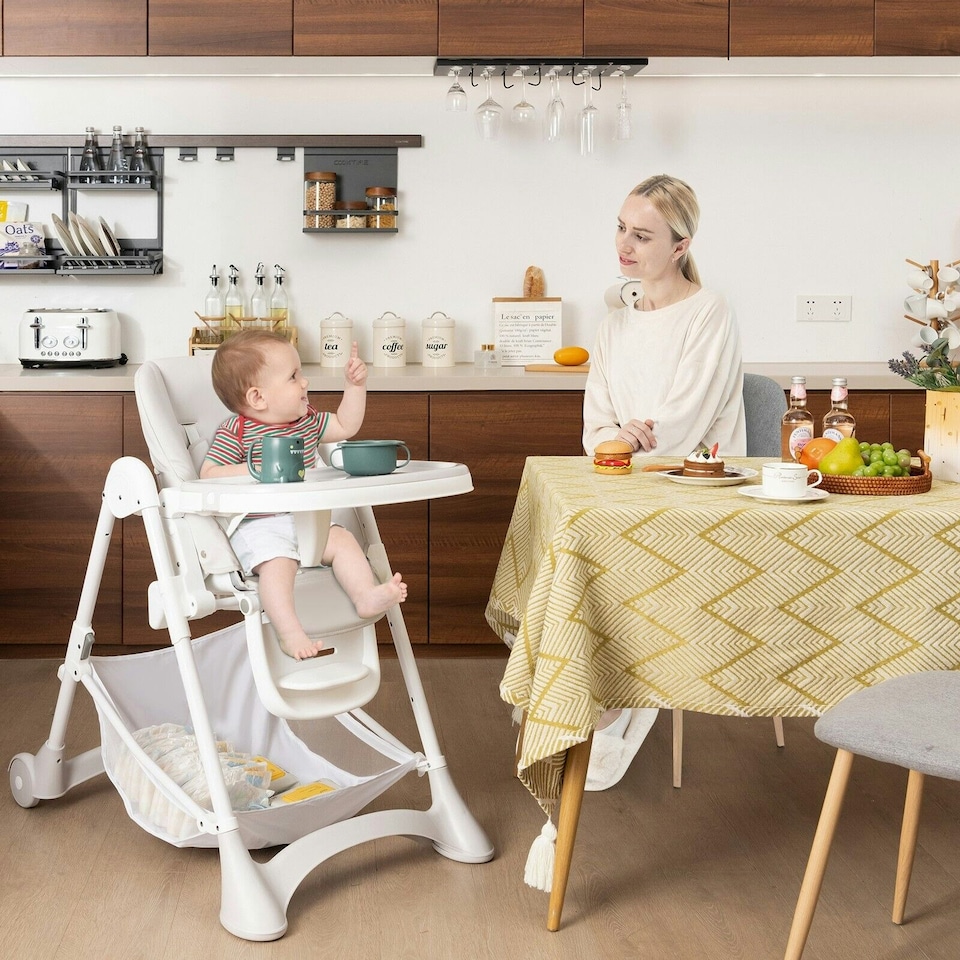 image 1 of COSTWAY Folding Baby High Chair Convertible High Chair Beige